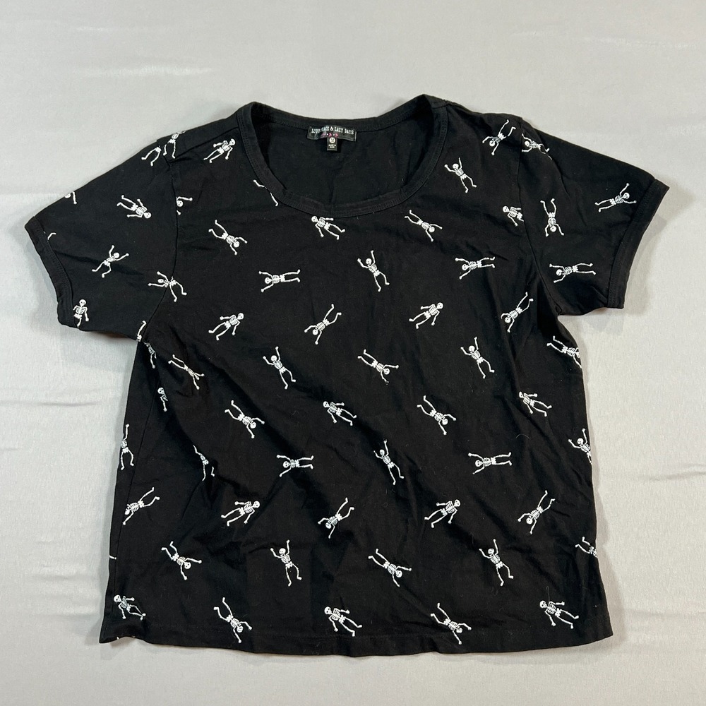 Love Peace & Lazy Days Crop T Shirt Juniors Medium Black Cotton All Over Print